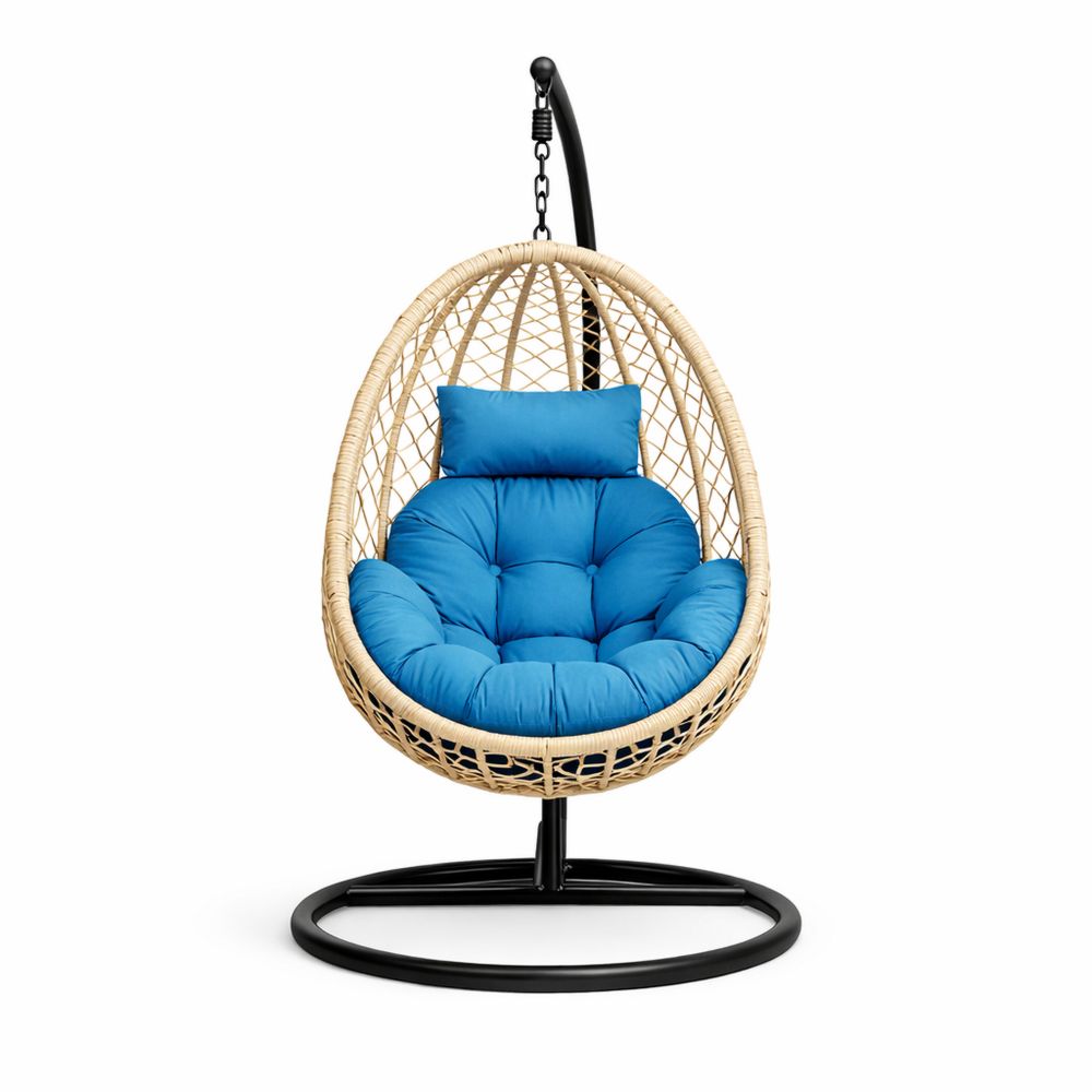 Blue Cushioned Egg-Shaped Hanging Chair with Rattan Frame and Metal Stand-Decorivano