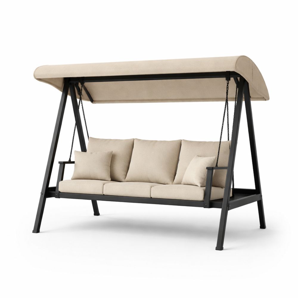 Beige Outdoor Steel Patio Swing with Adjustable Canopy-Decorivano
