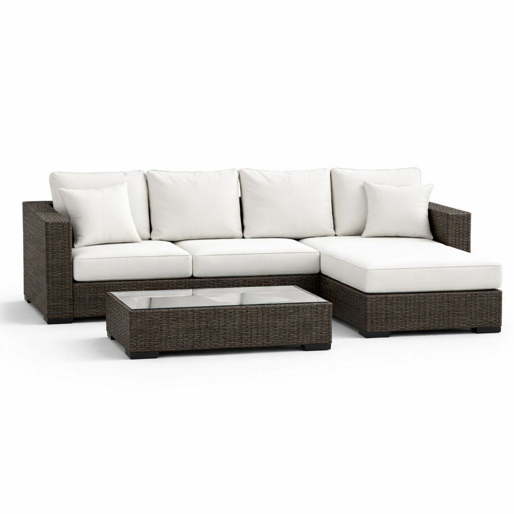 Outdoor PE Rattan Sectional Sofa Set with Cushions and Glass-Top Coffee Table-Decorivano