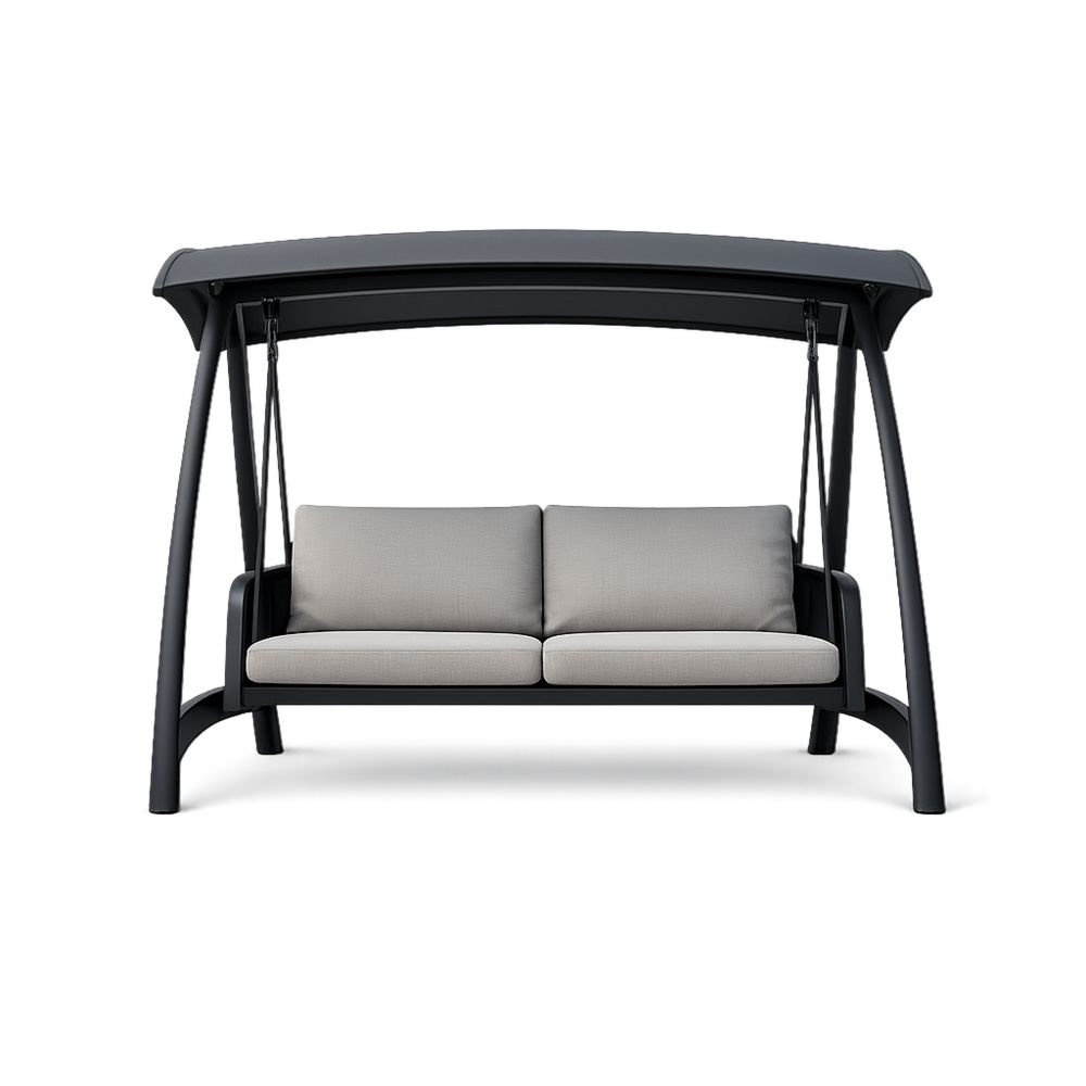 Outdoor 2-Seat Swing with Canopy Black Steel Frame Beige Cushions-Decorivano