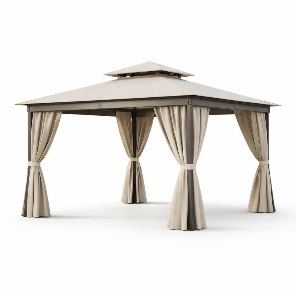 Beige Outdoor Steel Gazebo with Polyester Curtains 3x3m-Decorivano