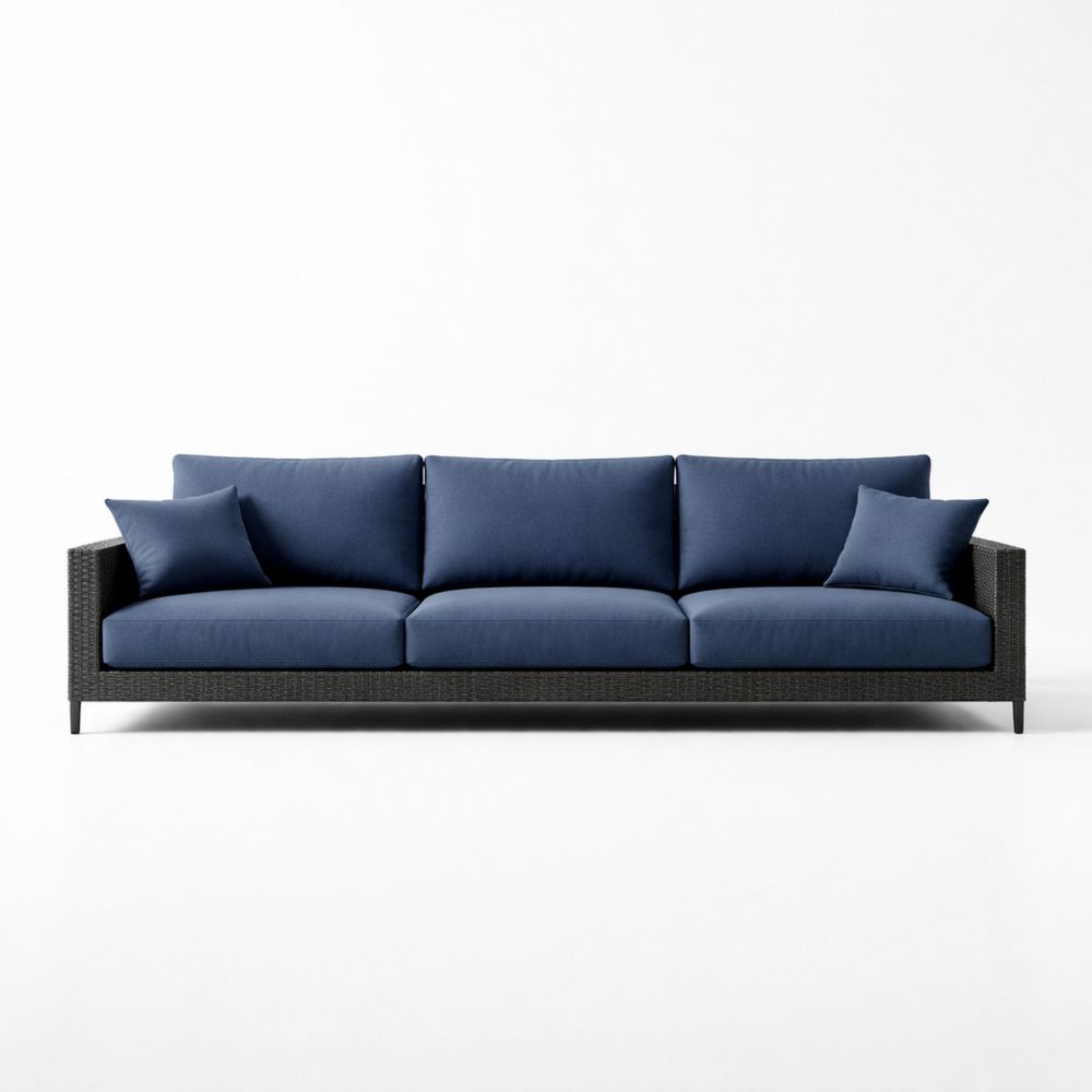 Wicker Sofa with Navy Blue Cushions and Aluminum Frame 3-Seater 200 cm-Decorivano