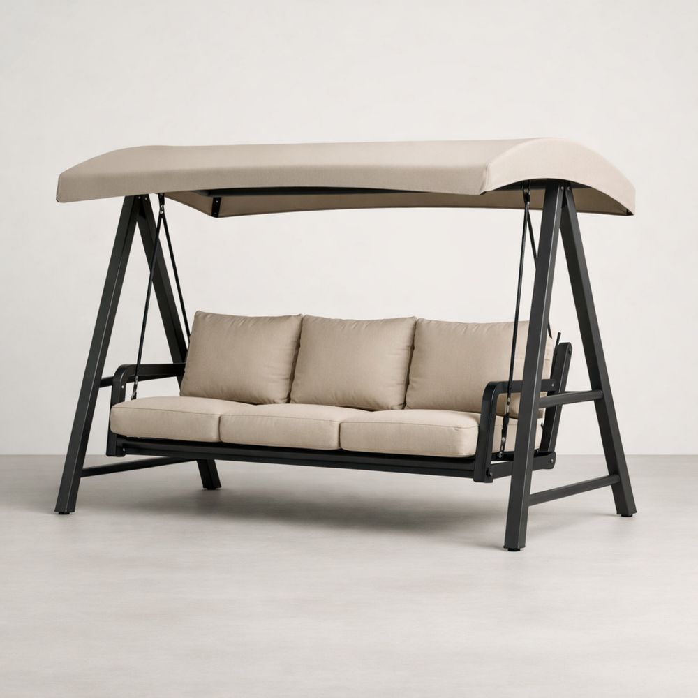 Outdoor Swing Chair with Canopy Beige Cushions Steel Frame-Decorivano