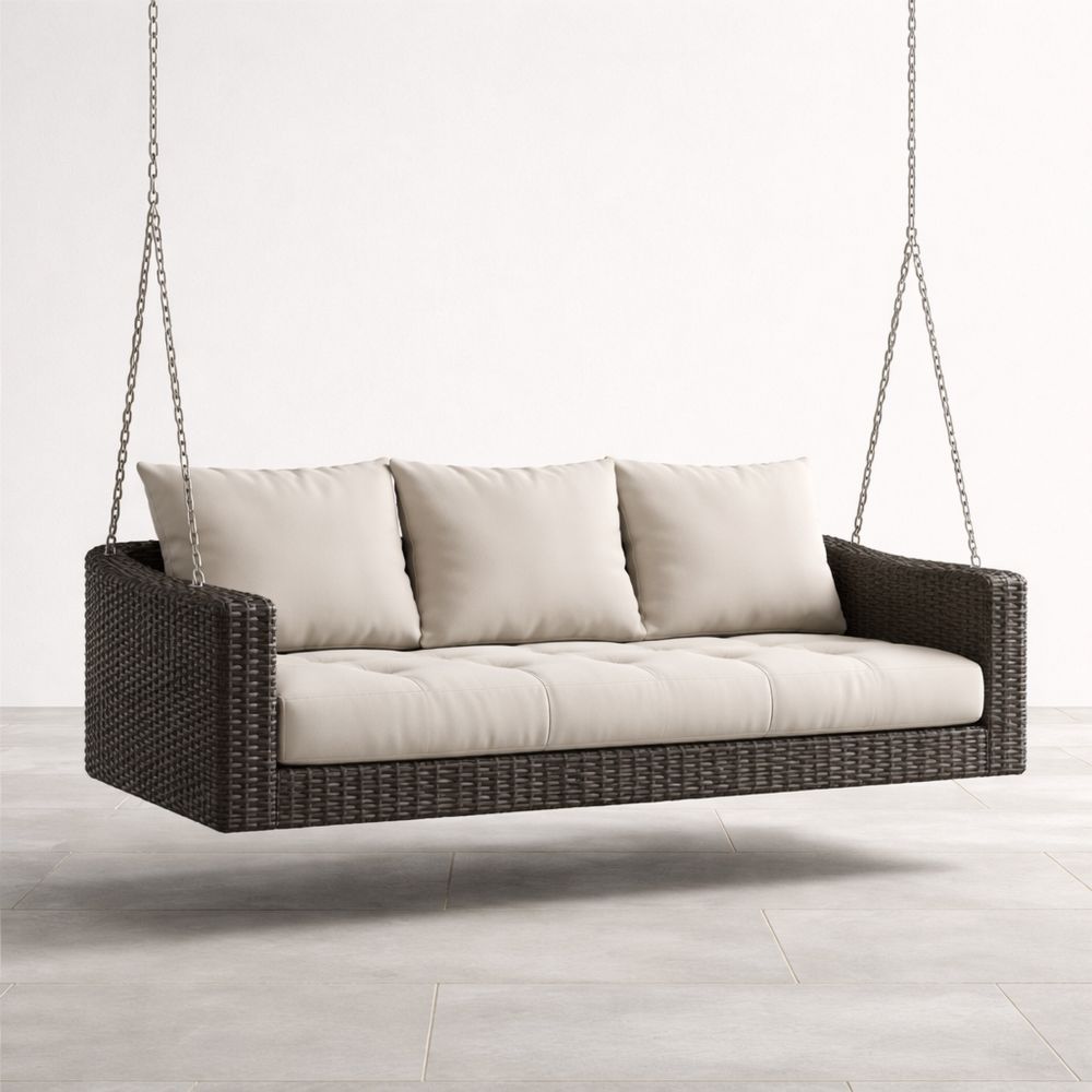 Outdoor Wicker Hanging Sofa Swing with Beige Cushions 200cm x 80cm x 60cm-Decorivano
