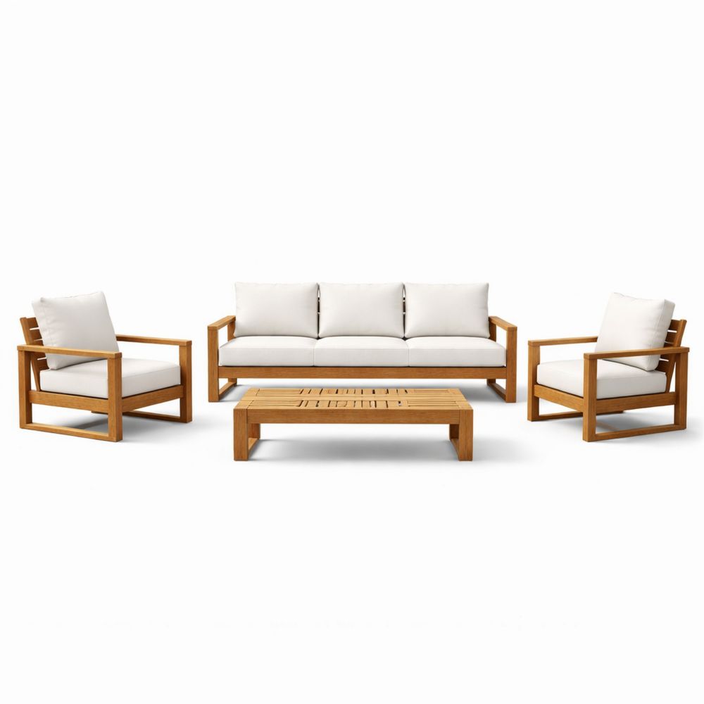 Outdoor Patio Furniture Set with Teak Wood Frame and White Cushions-Decorivano