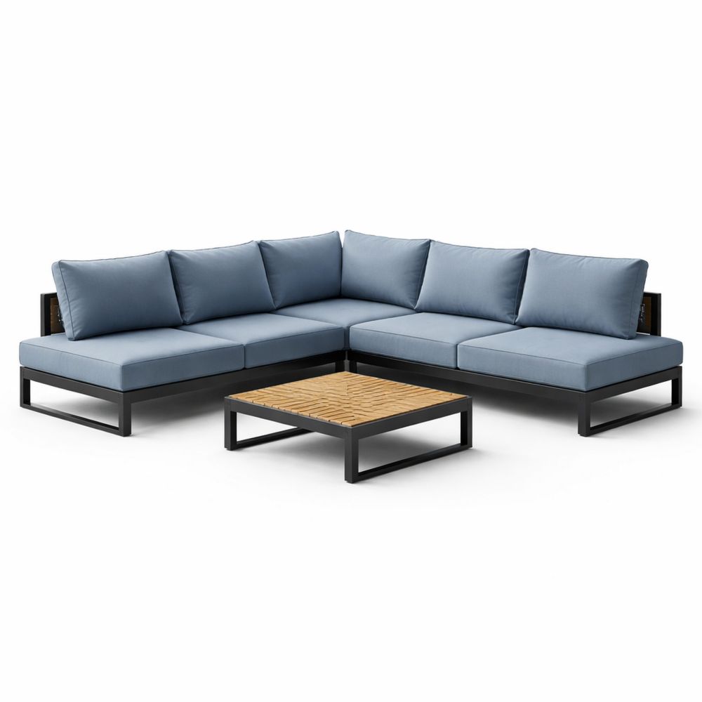Outdoor Sectional Sofa Set with Coffee Table Blue Aluminum Frame Polyester Cushions-Decorivano