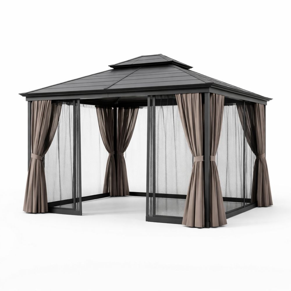 Metal Outdoor Gazebo with Double Roof and Curtains-Decorivano