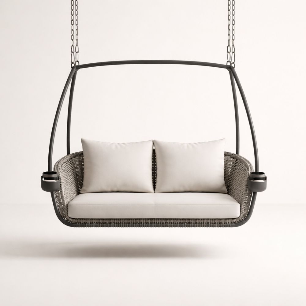 Outdoor Hanging Metal and Wicker Swing Chair with Cushions Gray-Decorivano