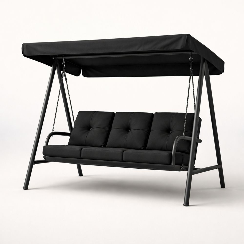 Black Metal Outdoor Patio Swing with Adjustable Canopy and Cushions-Decorivano