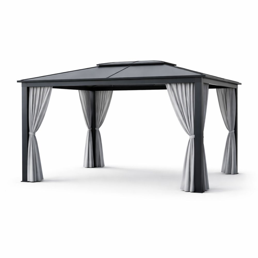Outdoor Steel Gazebo with Polycarbonate Roof and Gray Curtains 3m x 4m-Decorivano
