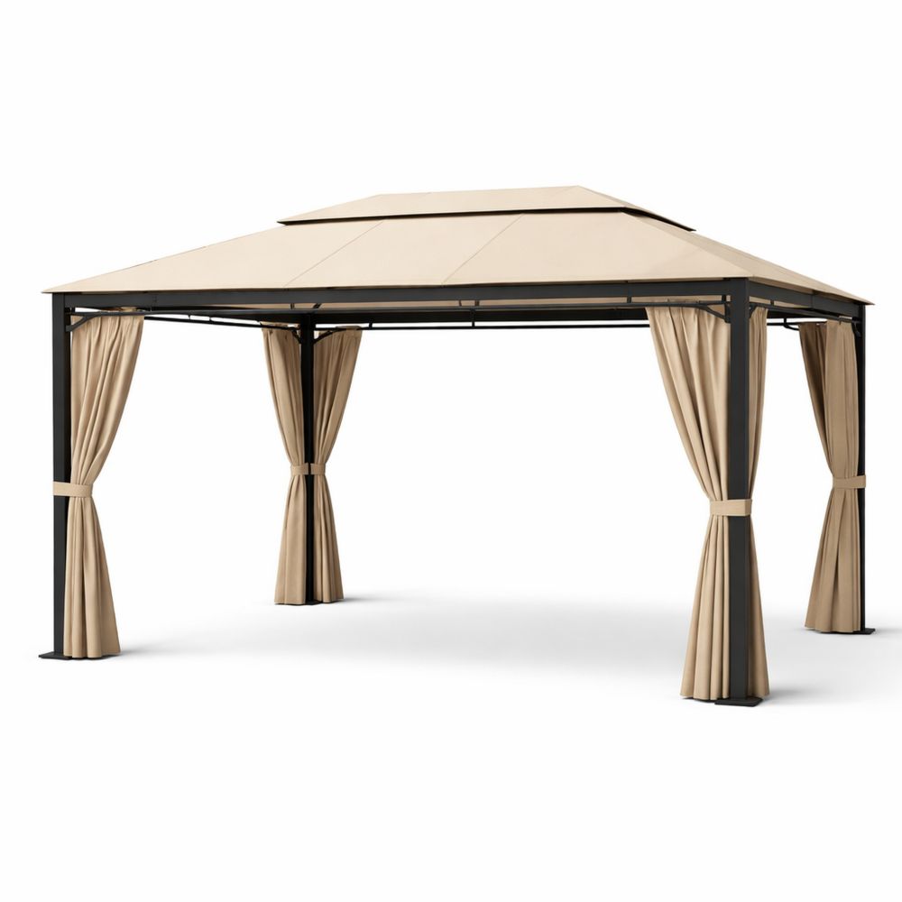 Outdoor Steel Gazebo with Beige Polyester Curtains 3x4m-Decorivano