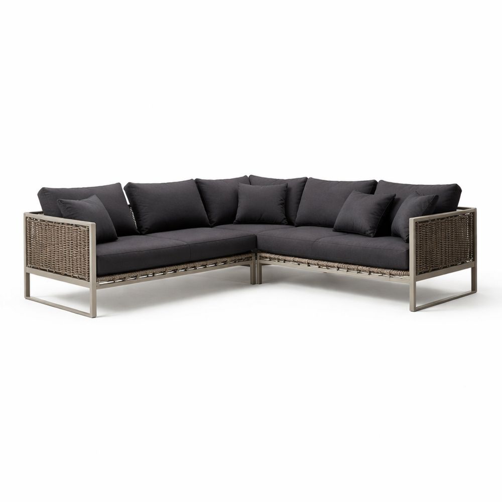 Outdoor L-Shaped Sectional Sofa Set Charcoal Gray Aluminum Frame Wicker-Decorivano