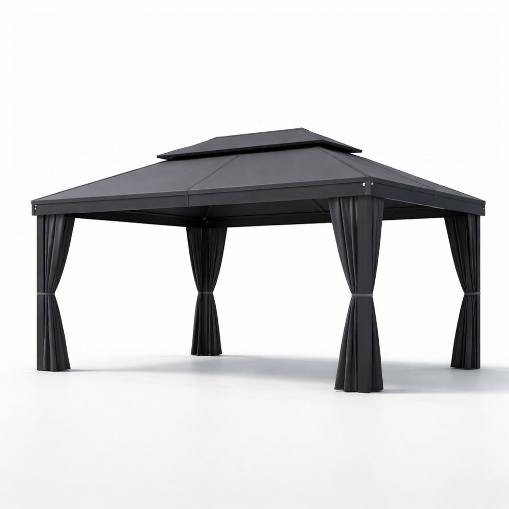 Outdoor Double Roof Steel Gazebo with Polyester Curtains 3m x 4m-Decorivano