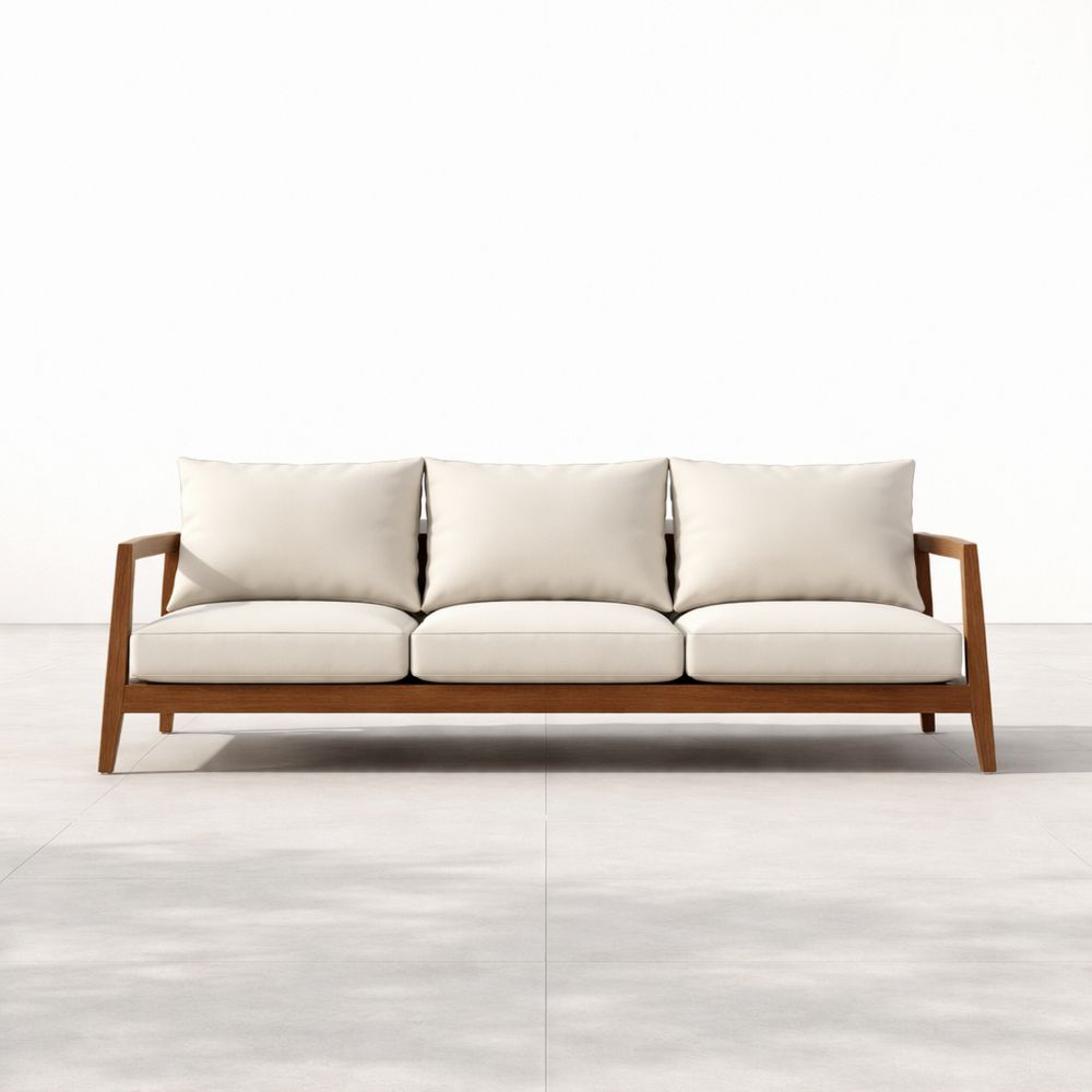 Outdoor Wooden Frame Sofa with Cream Cushions-Decorivano