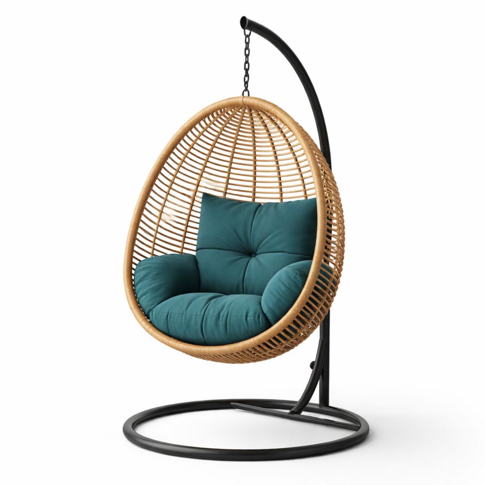 Wicker Hanging Egg Chair with Teal Cushion and Metal Stand-Decorivano