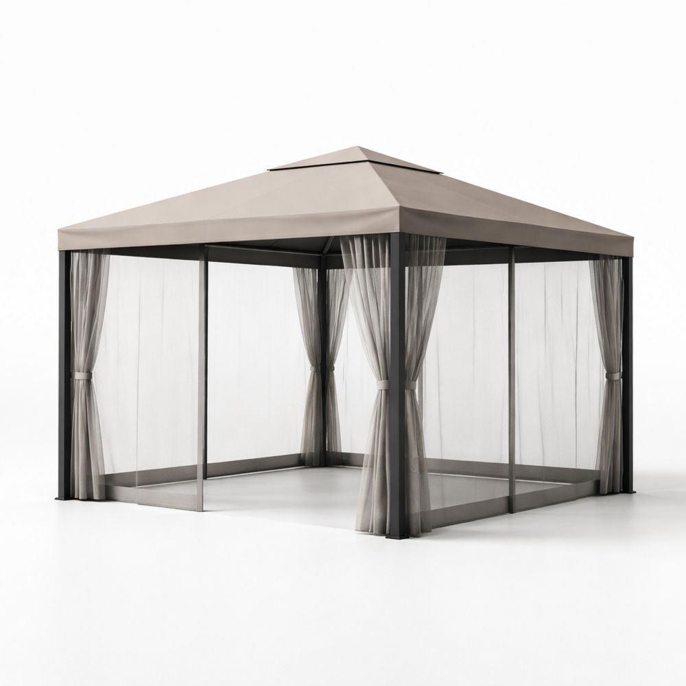 Outdoor Gazebo with Beige Canopy and Mesh Curtains 3x3m Aluminum Structure-Decorivano