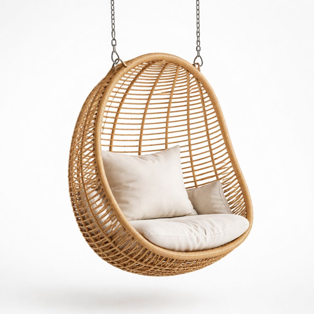 Rattan Hanging Egg Chair with Beige Cushion-Decorivano