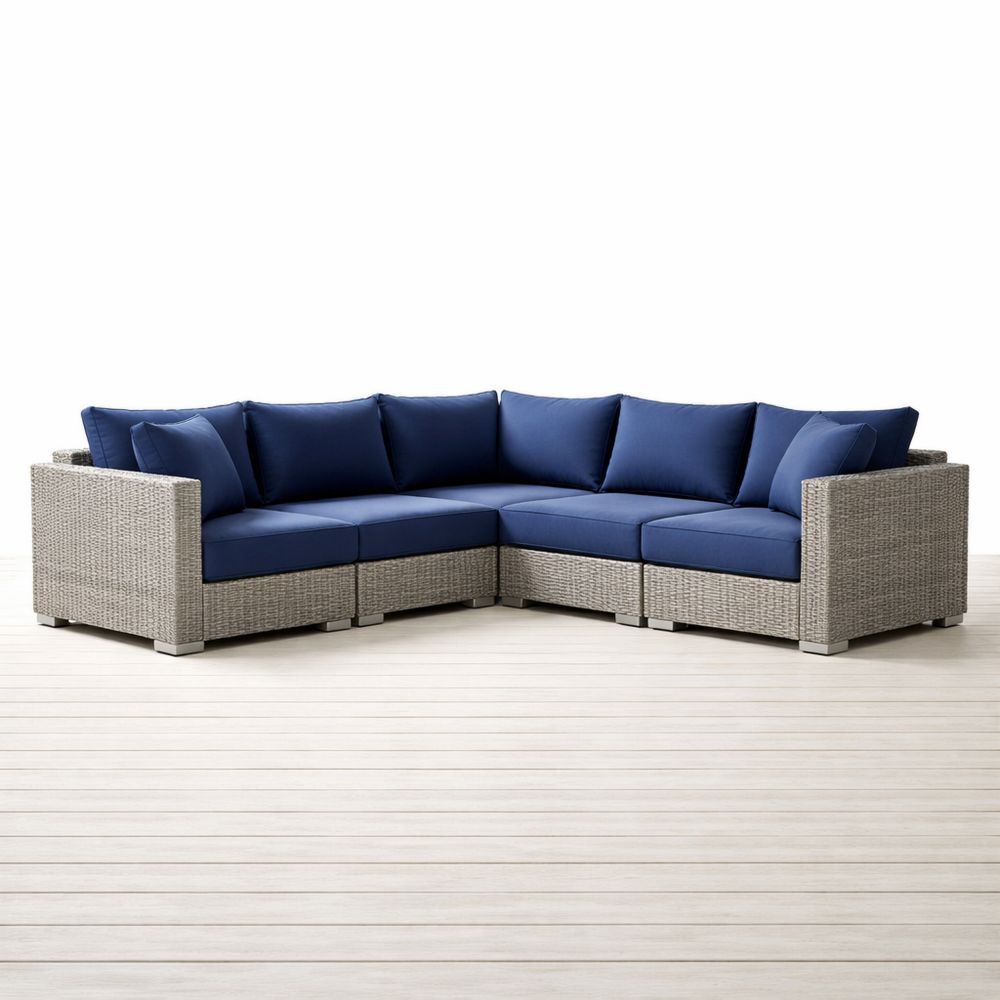 Outdoor Sectional Sofa Set Gray Wicker with Blue Cushions-Decorivano