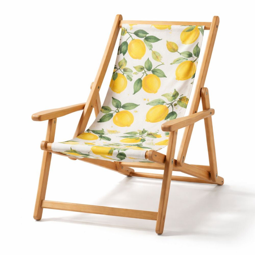 Wood Deck Chair with Lemon Print Canvas Foldable 90cm-Decorivano