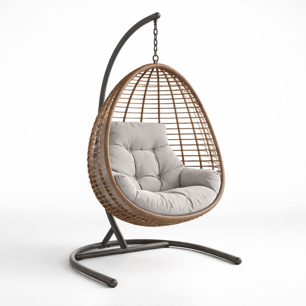 Rattan Hanging Egg Chair with Cushion and Steel Base-Decorivano