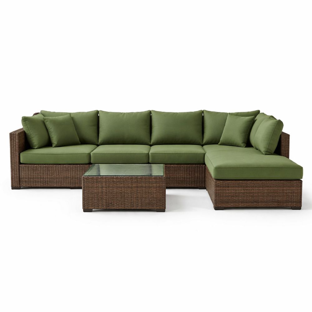 Green Wicker Outdoor Sectional Sofa Set with Glass Top Coffee Table-Decorivano