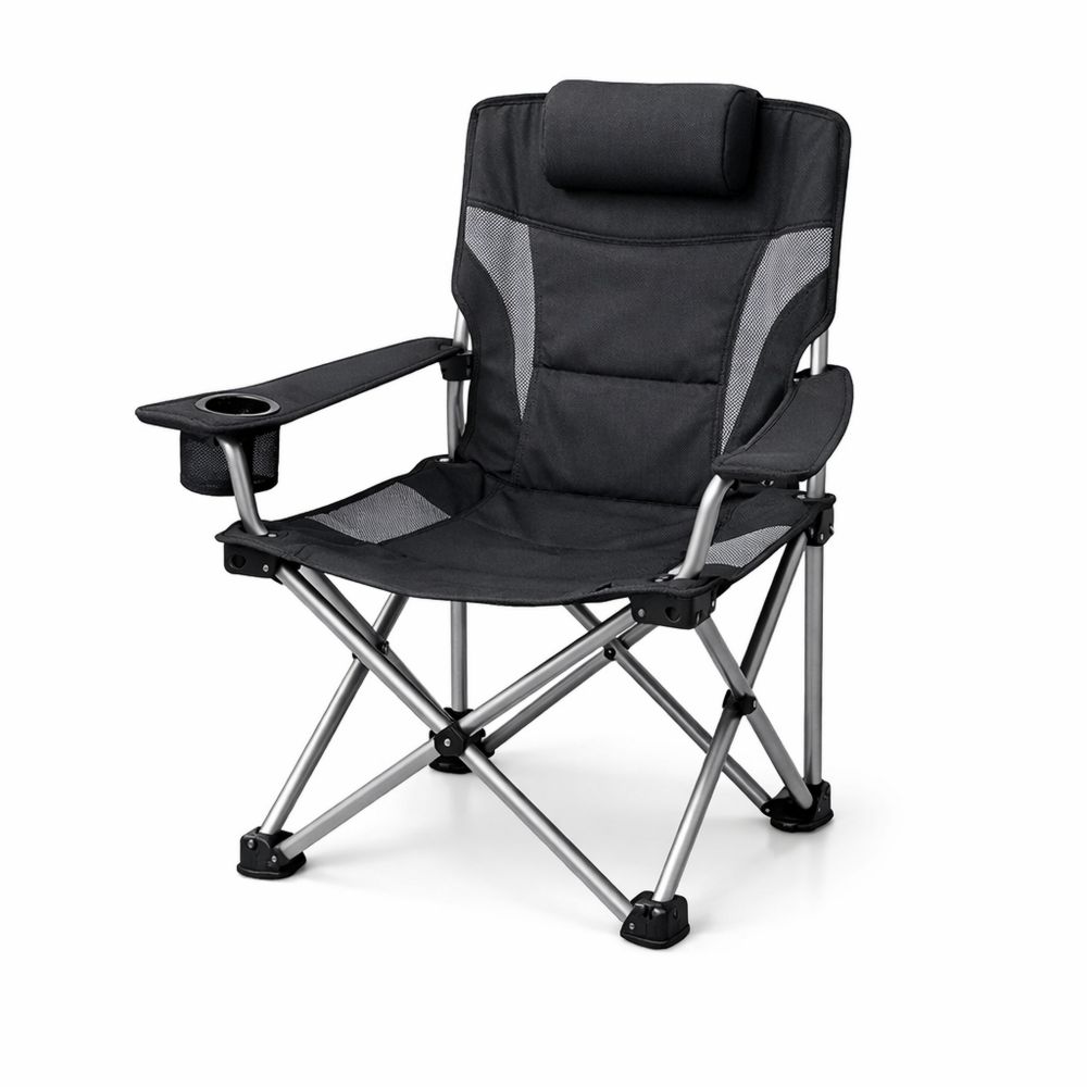 Black Folding Camping Chair with Cup Holder and Headrest-Decorivano