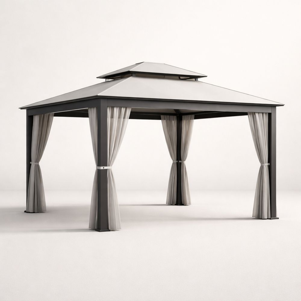 Outdoor Aluminum Gazebo with Double Roof and Curtains-Decorivano