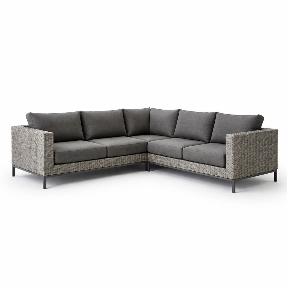 Outdoor Sectional Sofa Set Wicker Frame Grey Cushions L-Shaped Design 230cmx230cm-Decorivano
