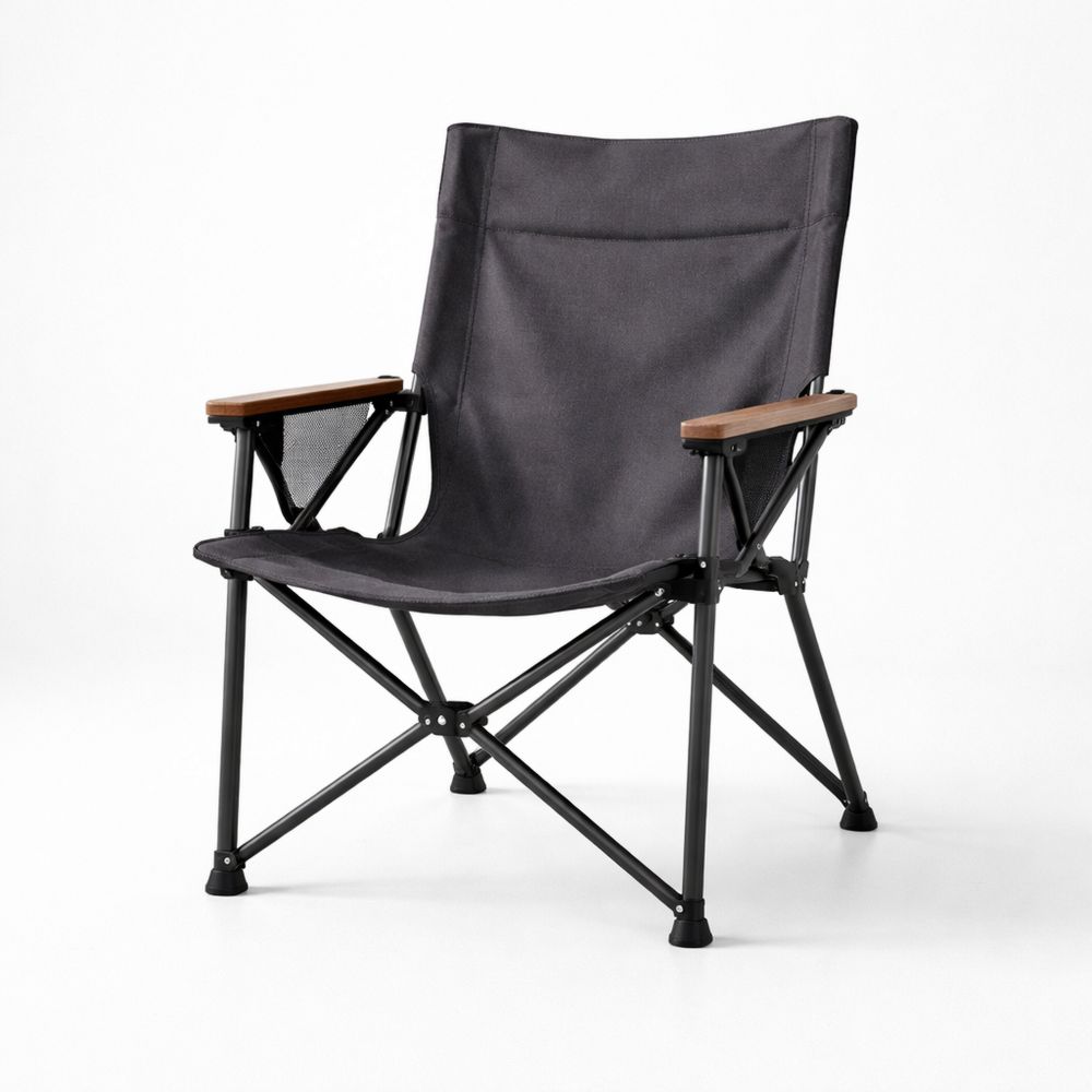 Foldable Outdoor Chair with Steel Frame and Wood Armrests - Dark Grey-Decorivano