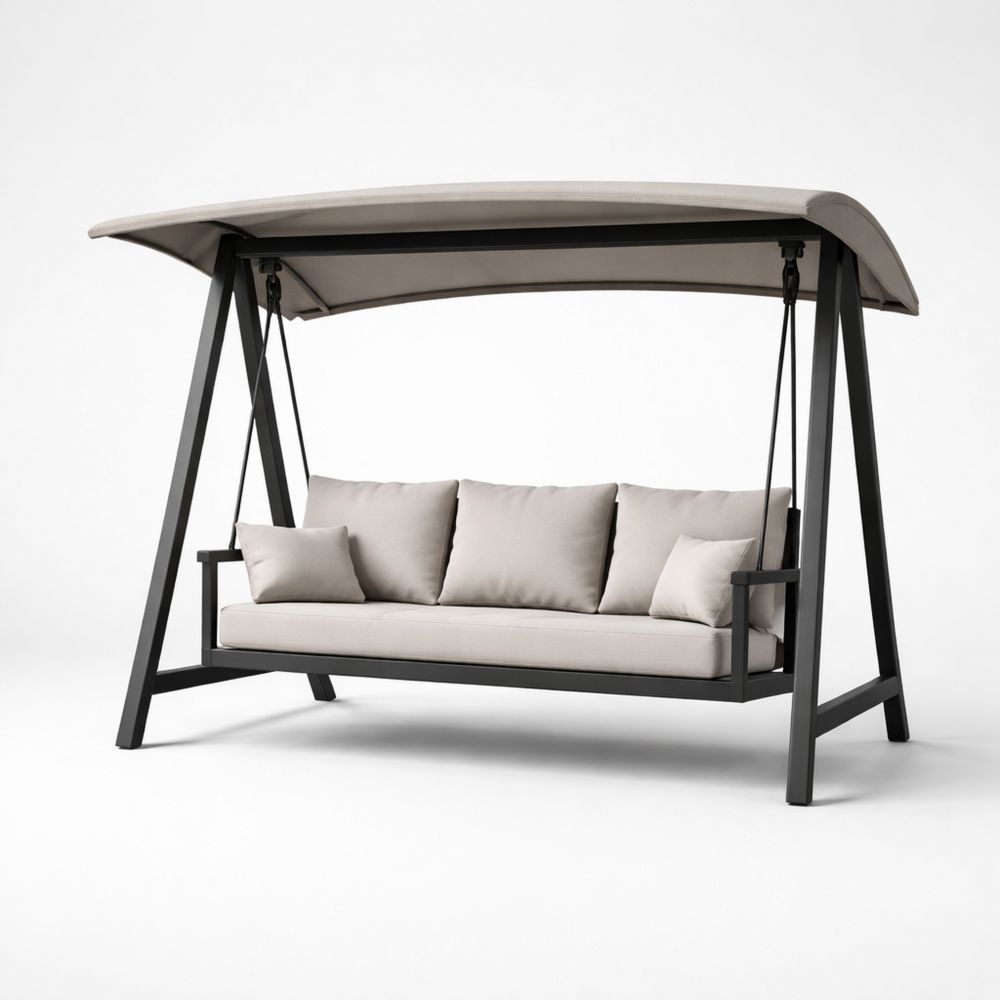 Outdoor Patio Swing with Canopy Beige Cushions Steel Frame-Decorivano