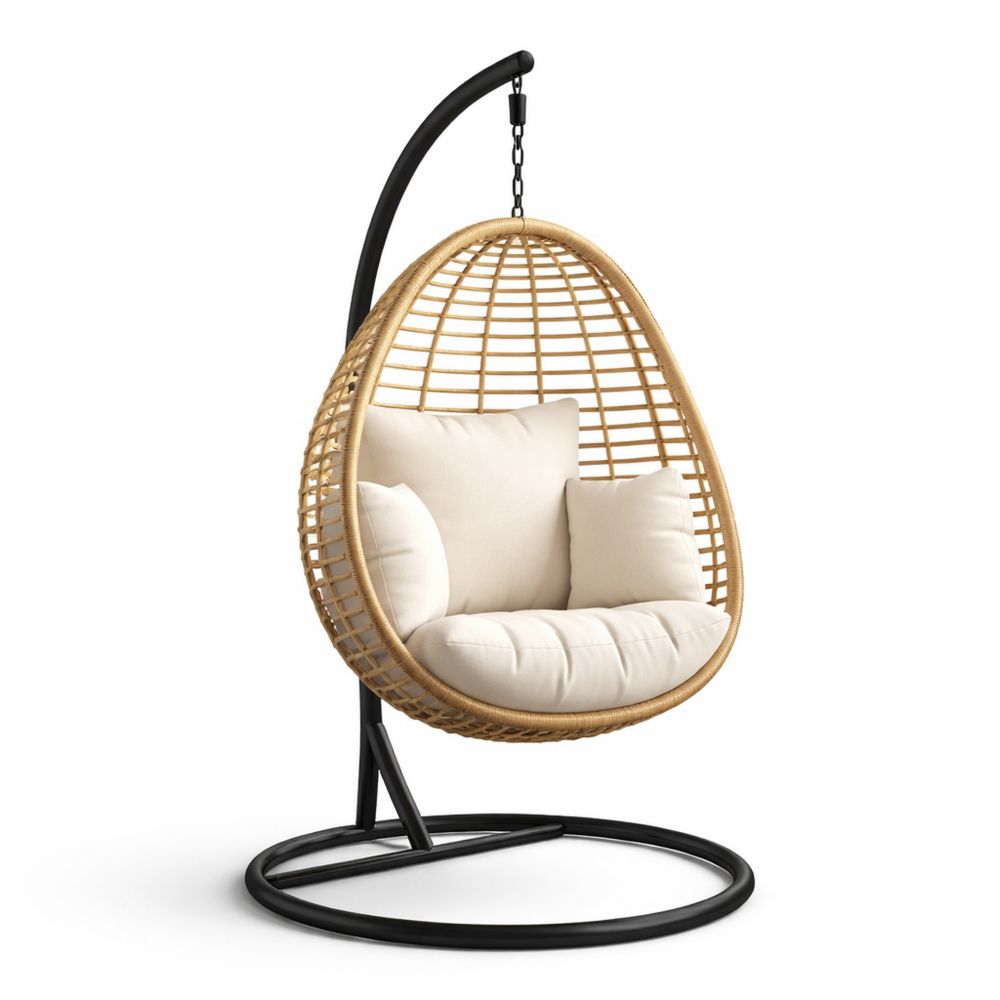 Rattan Hanging Egg Chair with Cushions Beige Stand Included-Decorivano