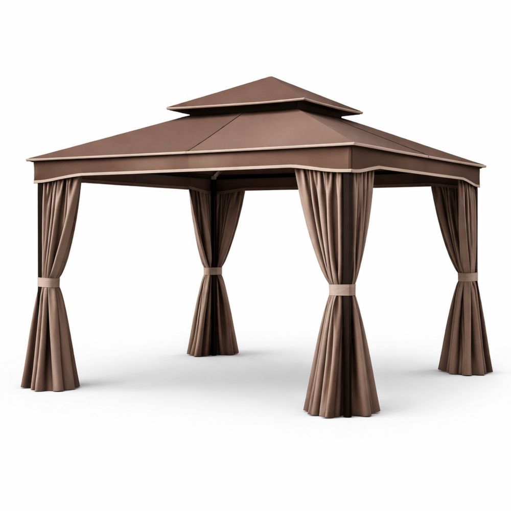 Outdoor Double Tiered Gazebo with Curtains Brown 300x300x270cm Stainless Steel Frame-Decorivano