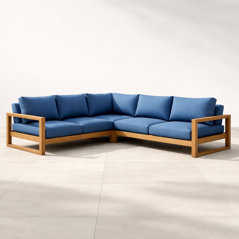 Outdoor Sectional Sofa Set Blue Cushions Teak Frame 280cm-Decorivano