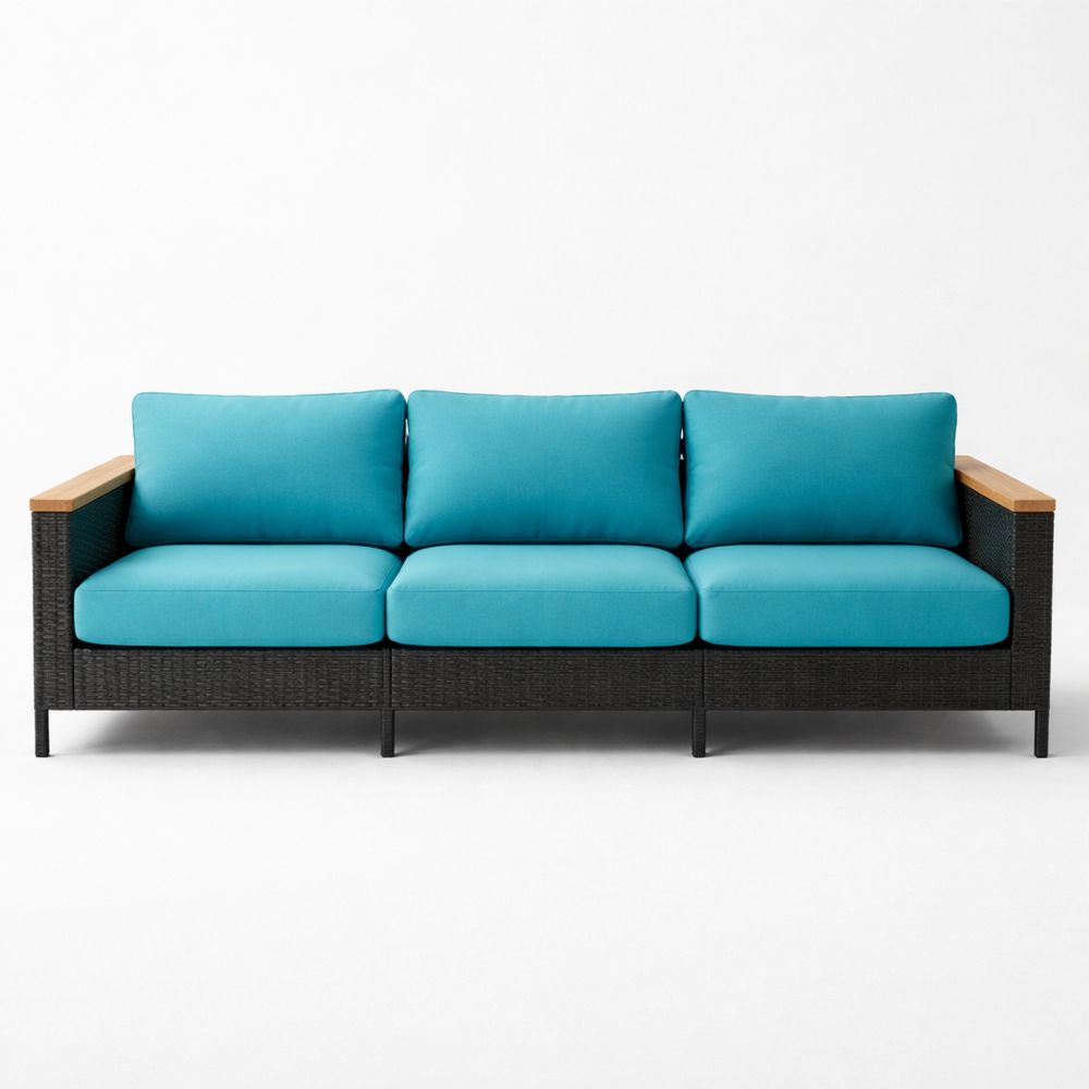 Wicker Sofa with Teal Cushions and Teak Armrests-Decorivano