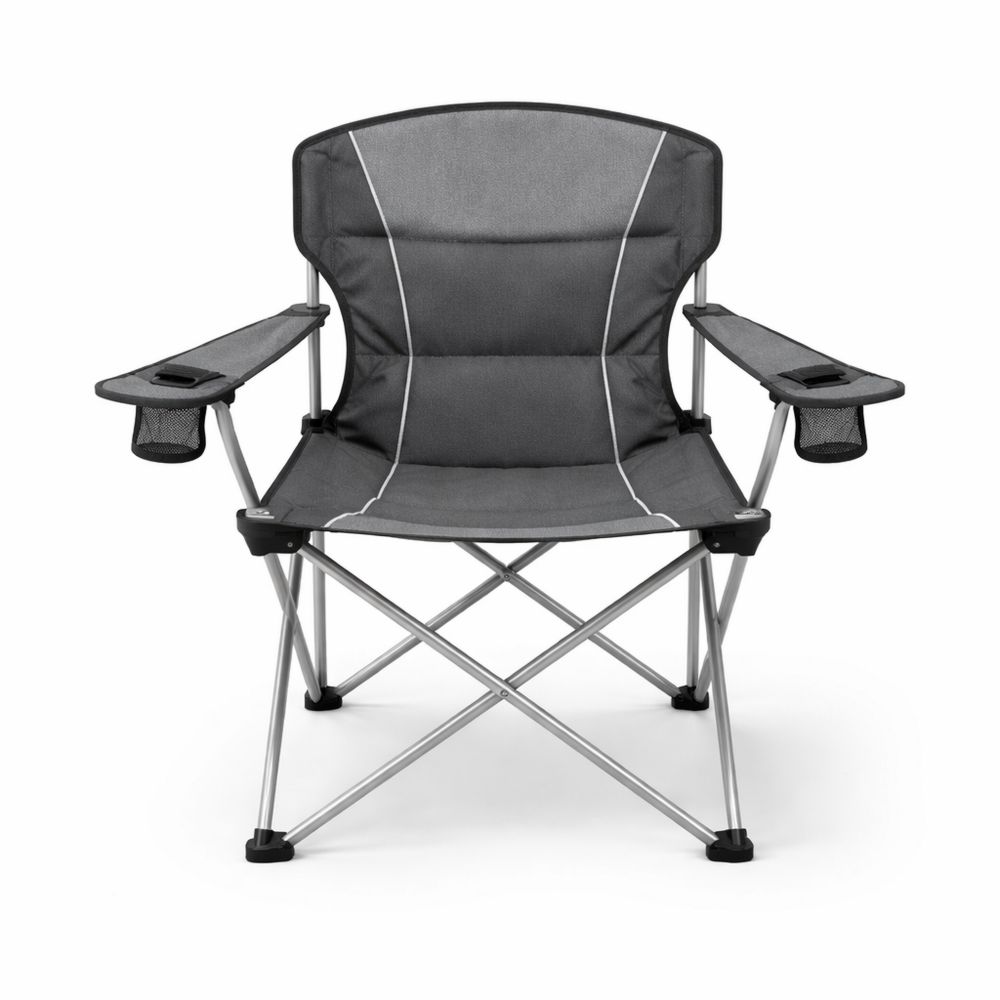 Folding Camp Chair with Cup Holders and Armrests Steel Frame Polyester Fabric Gray-Decorivano