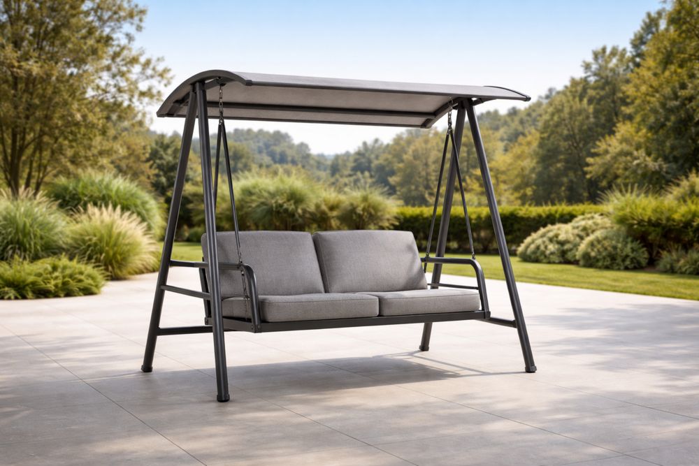 Outdoor Swing Chair with Steel Frame and Gray Polyester Cushions-Lumestio