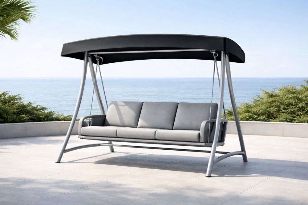 Outdoor Steel Swing Chair with Polyester Canopy and Cushions - Black Frame, Gray Cushions-Lumestio