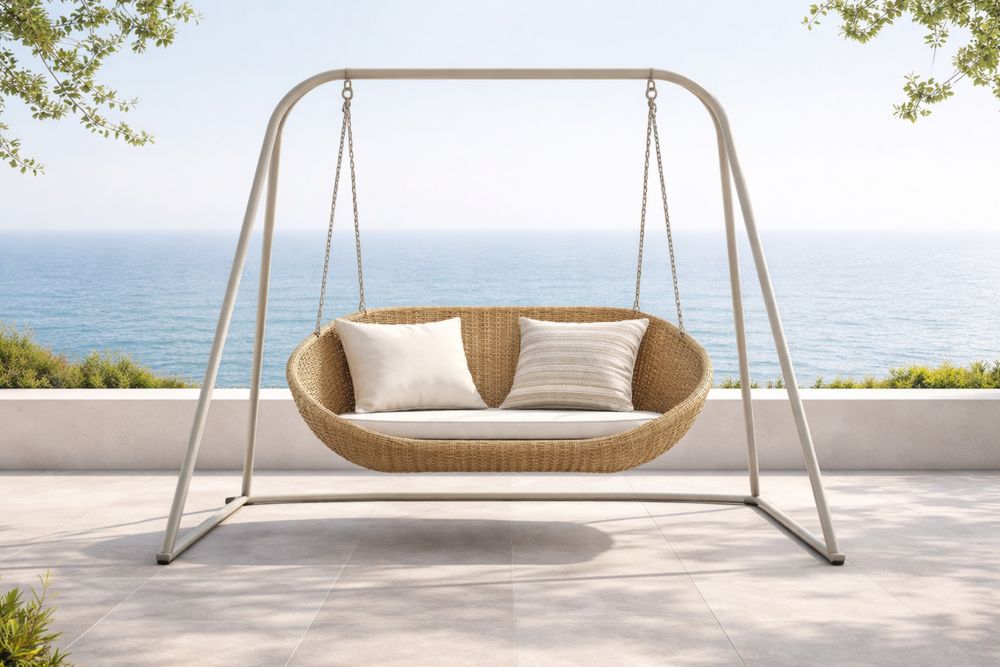 Outdoor Wicker Swing Chair with Metal Frame and Cushions Beige 160x100x200cm-Lumestio