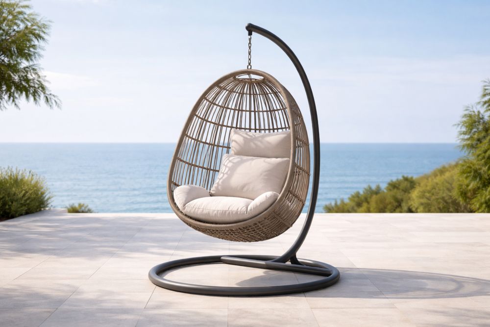 Outdoor Hanging Egg Chair with Beige Cushion and Steel Frame-Lumestio
