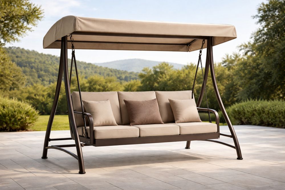 Outdoor Canopy Swing with Steel Frame Beige Cushions 3-Seater-Lumestio