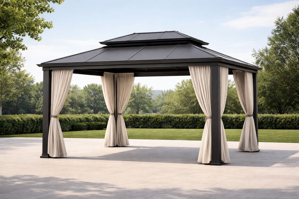 Outdoor Gazebo Steel Frame Double Roof with Polyester Curtains-Lumestio