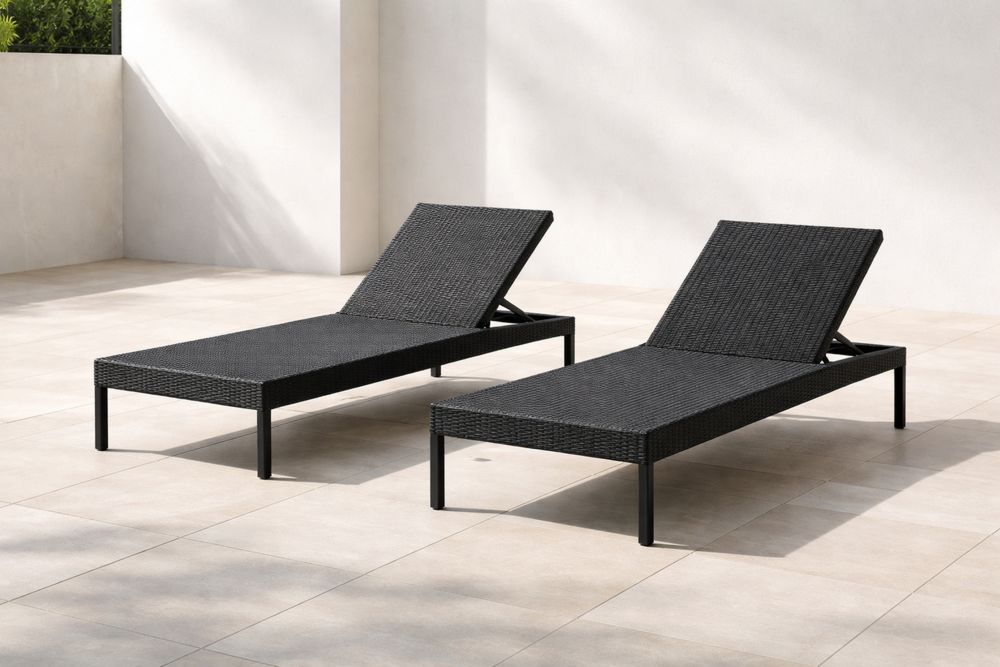Outdoor Sun Lounger Set Wicker Rattan Adjustable Reclining Patio Furniture Black 196cm x 60cm x 36cm-Lumestio