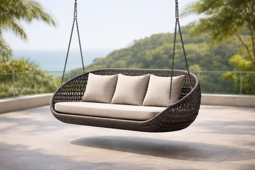 Outdoor Hanging Wicker Swing with Cushions Powder-Coated Steel Frame Brown and Beige-Lumestio