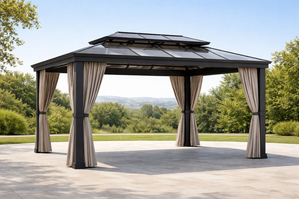 Outdoor Gazebo with Curtains Black Aluminum Frame-Lumestio