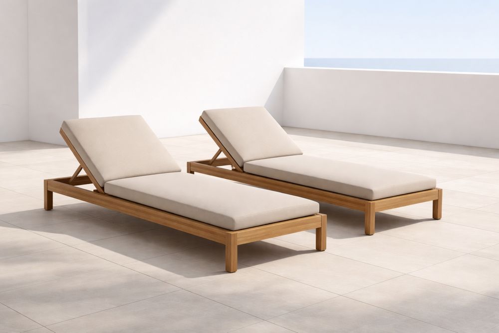 Teak Wood Sun Lounger Set with Beige Cushions and Adjustable Backrest-Lumestio