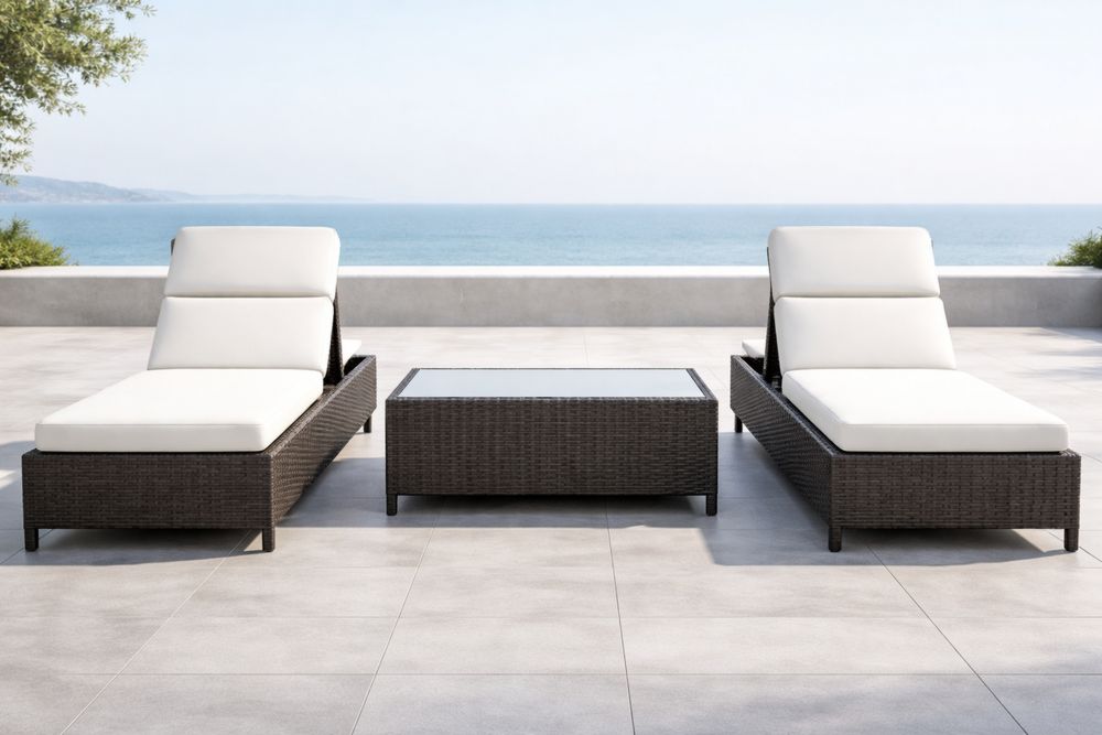 Outdoor Patio Chaise Lounge Set with Coffee Table Brown Wicker and White Cushions-Lumestio