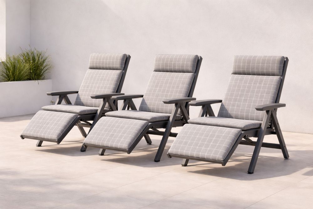 Metal Outdoor Reclining Chair Set with Polyester Cushions - Grey-Lumestio