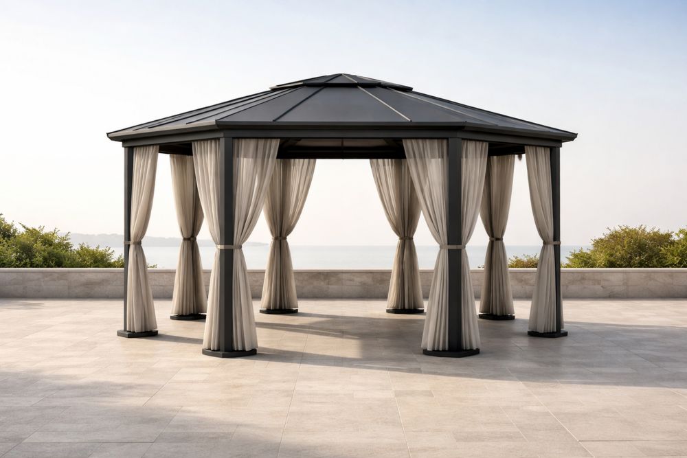 Steel Outdoor Gazebo with Beige Polyester Curtains-Lumestio
