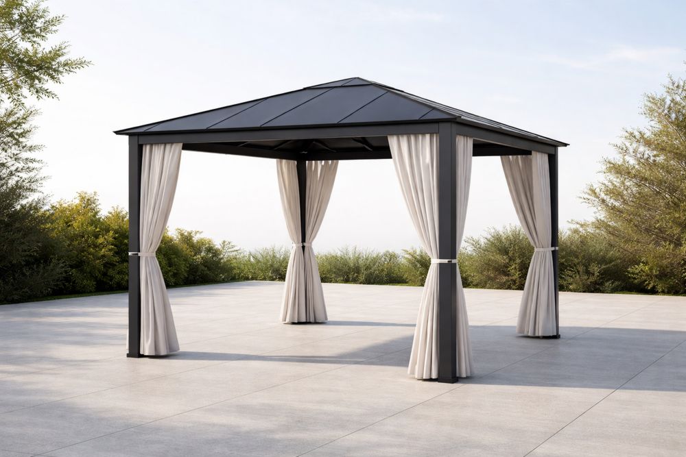 Outdoor Gazebo with Polyester Curtains and Aluminum Frame 3m x 3m×2.7m-Lumestio