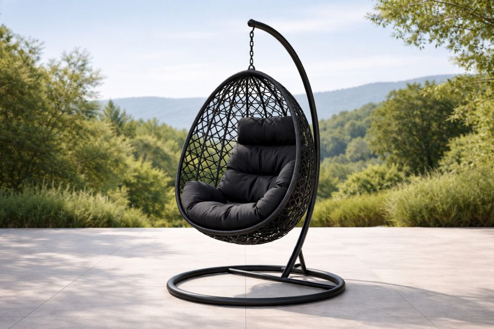 Black Egg Shaped Wicker Hanging Chair with Cushion and Metal Stand-Lumestio